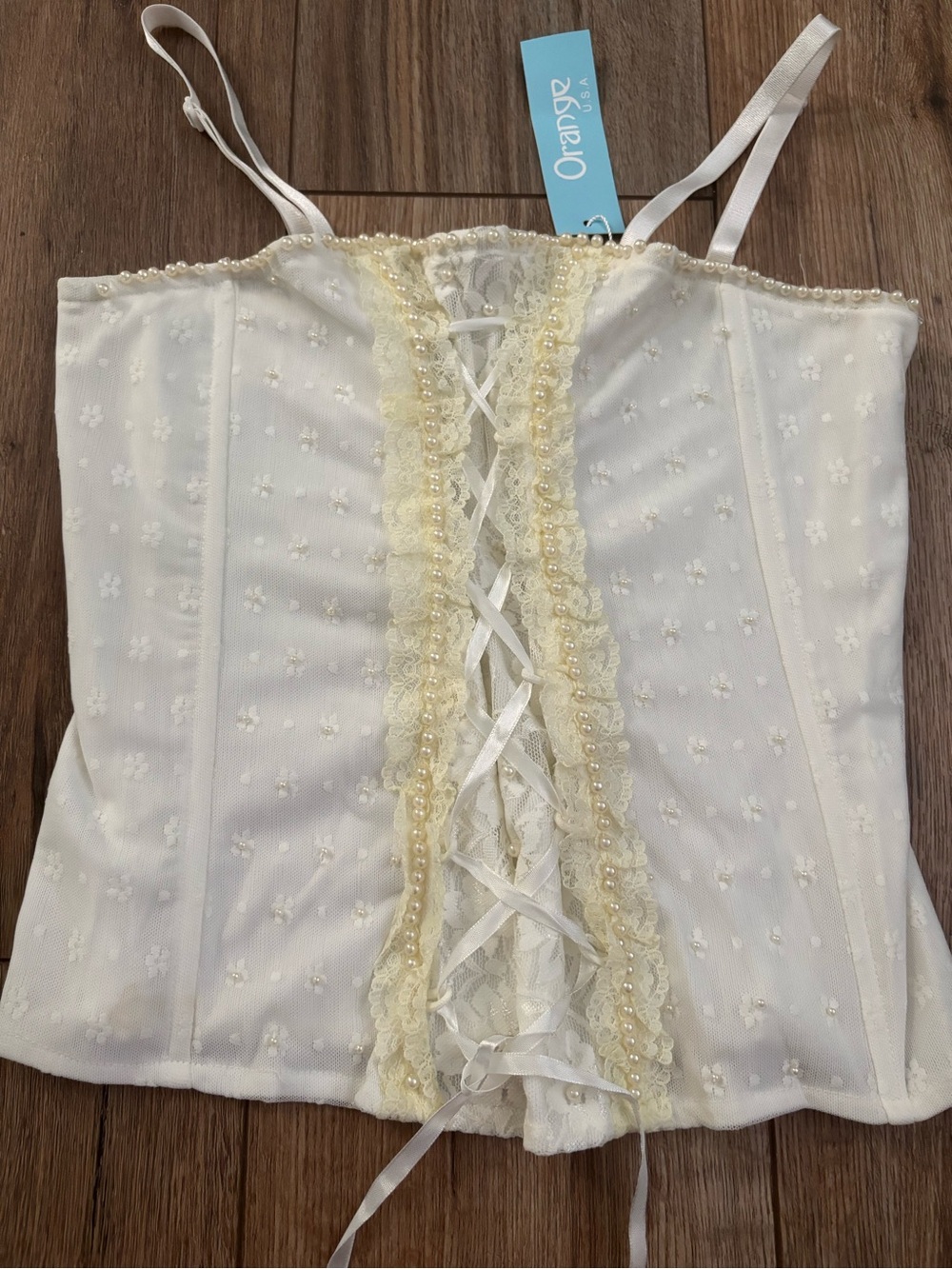NWT Vintage Y2K Corset Lace Up Top with Pearls & Lace by Orange USA